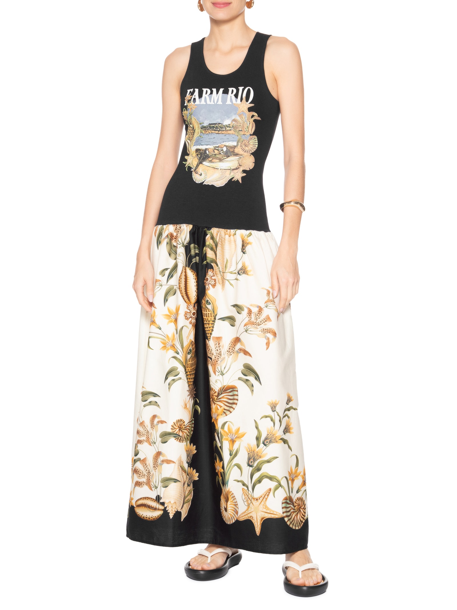 Vestido Longo Lenço Moldura Conchas Preto Farm