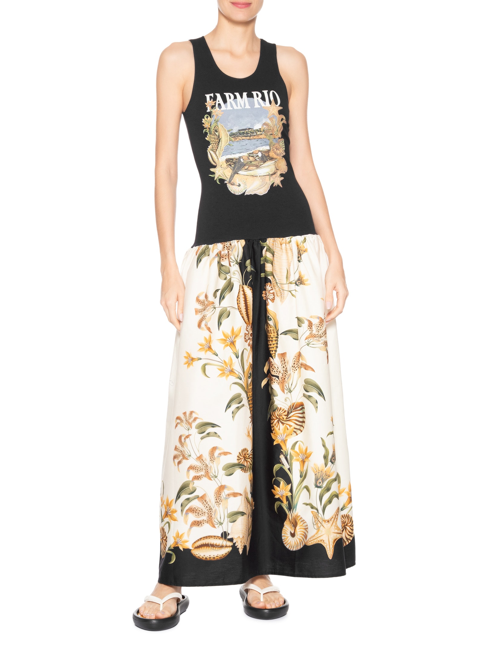 Vestido Longo Lenço Moldura Conchas Preto Farm