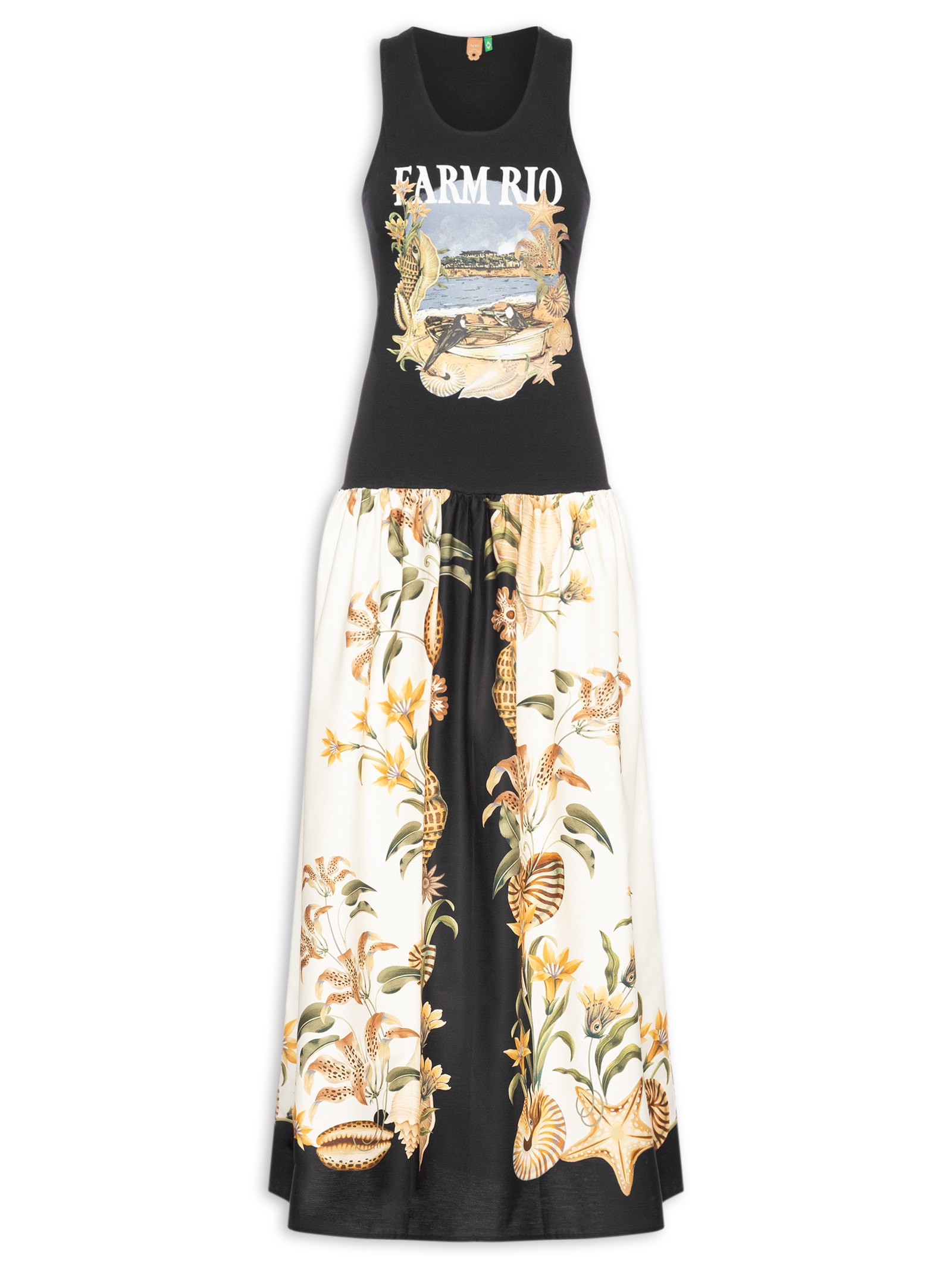 Vestido Longo Lenço Moldura Conchas Preto Farm