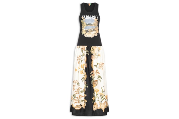 Vestido Longo Lenço Moldura Conchas - Preto