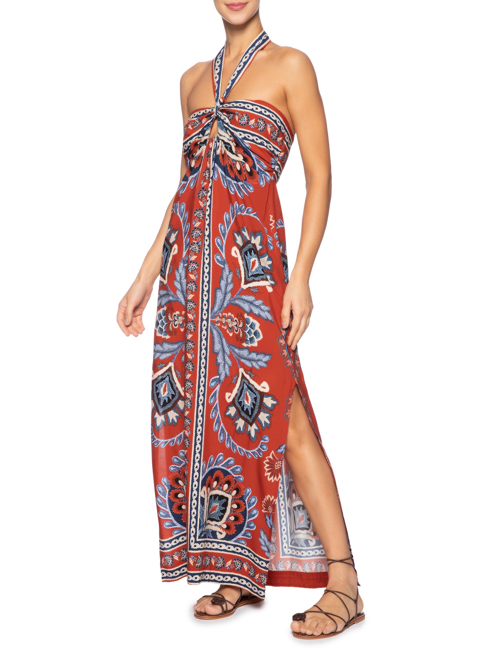 Vestido Longo Lenço Náutico Vermelho Farm