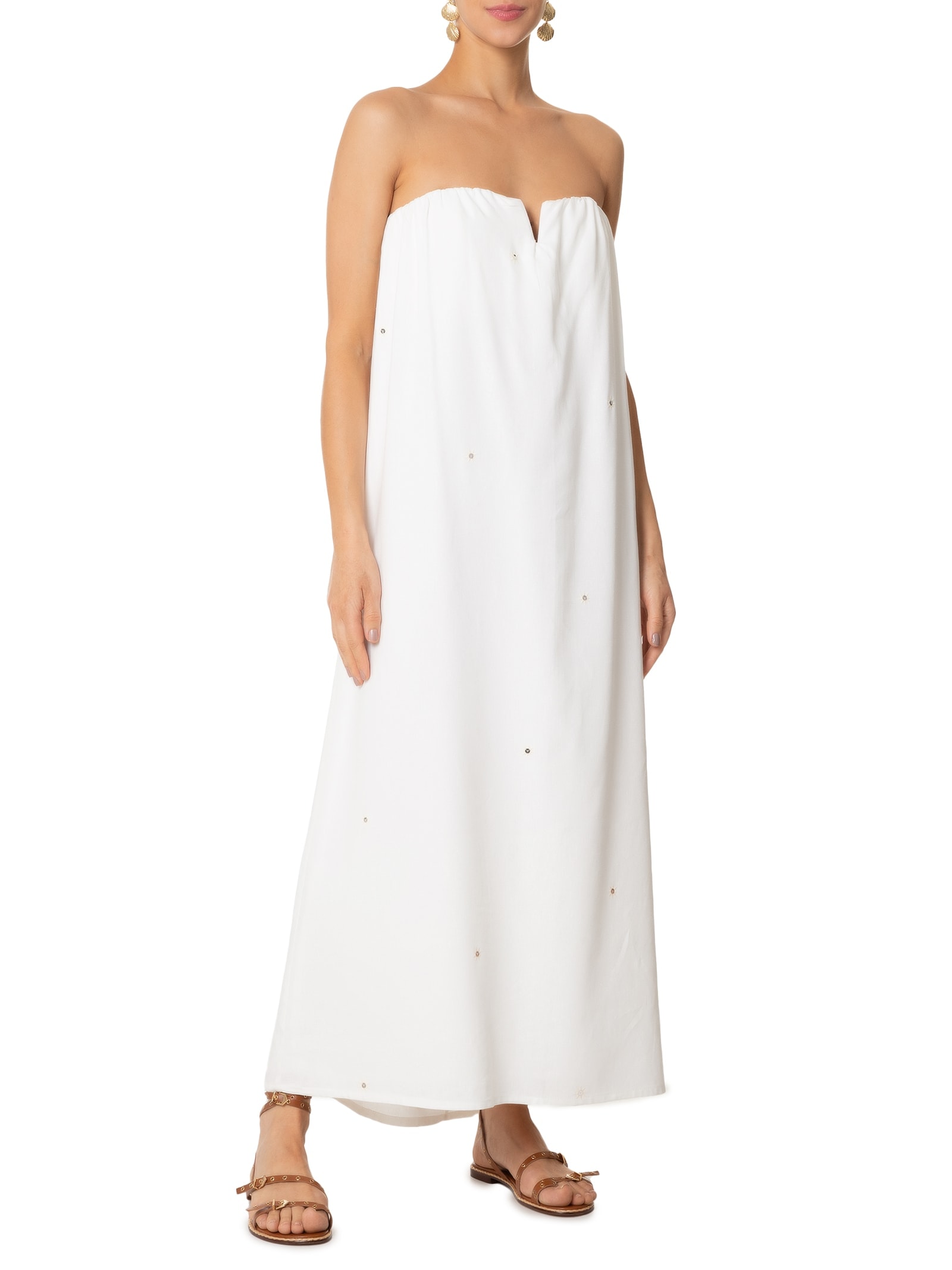 Vestido Longo Linho Bordado Paetê Off White Dress To