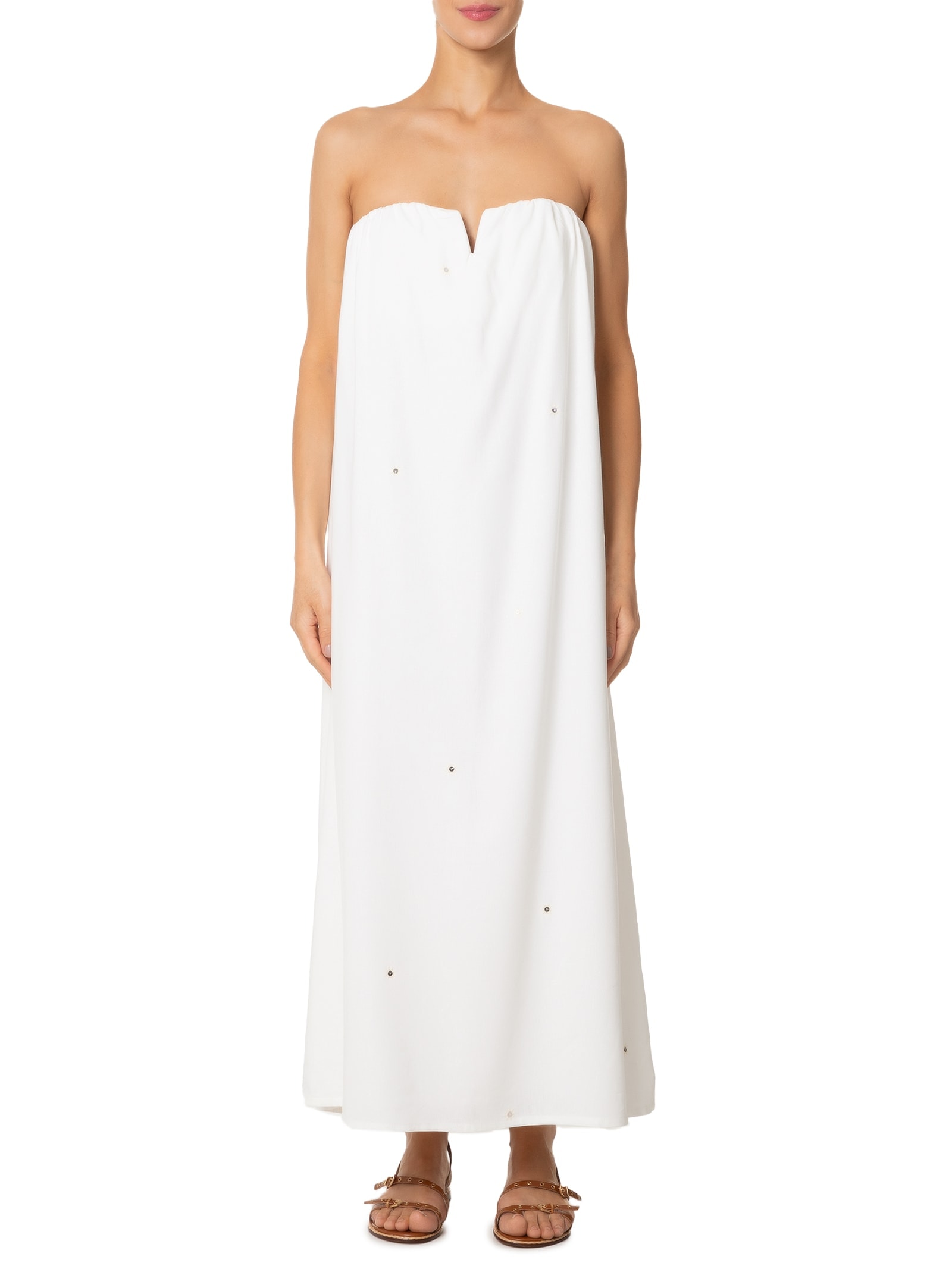 Vestido Longo Linho Bordado Paetê Off White Dress To