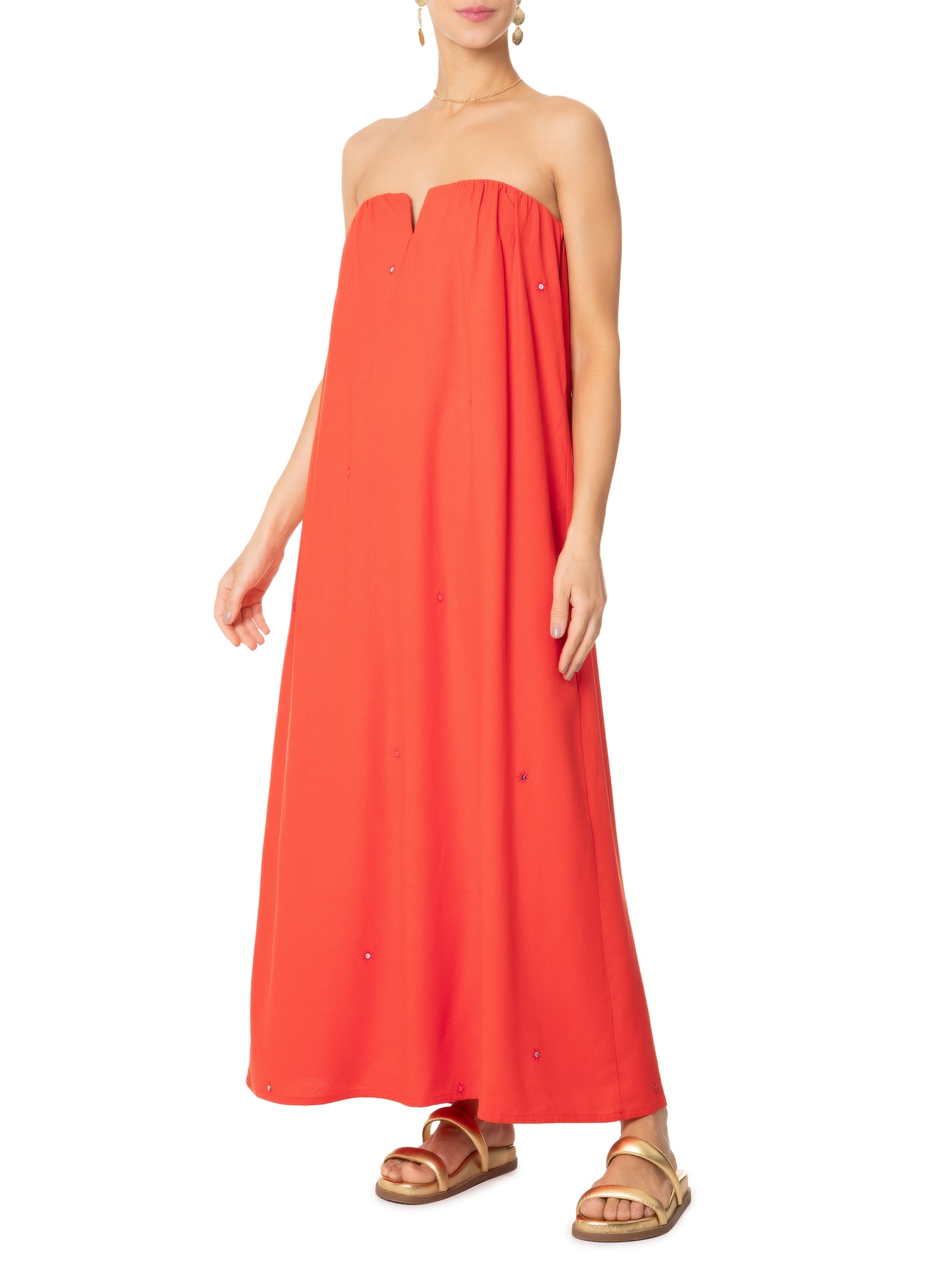 Vestido Longo Linho Bordado Paetê Vermelho Dress To