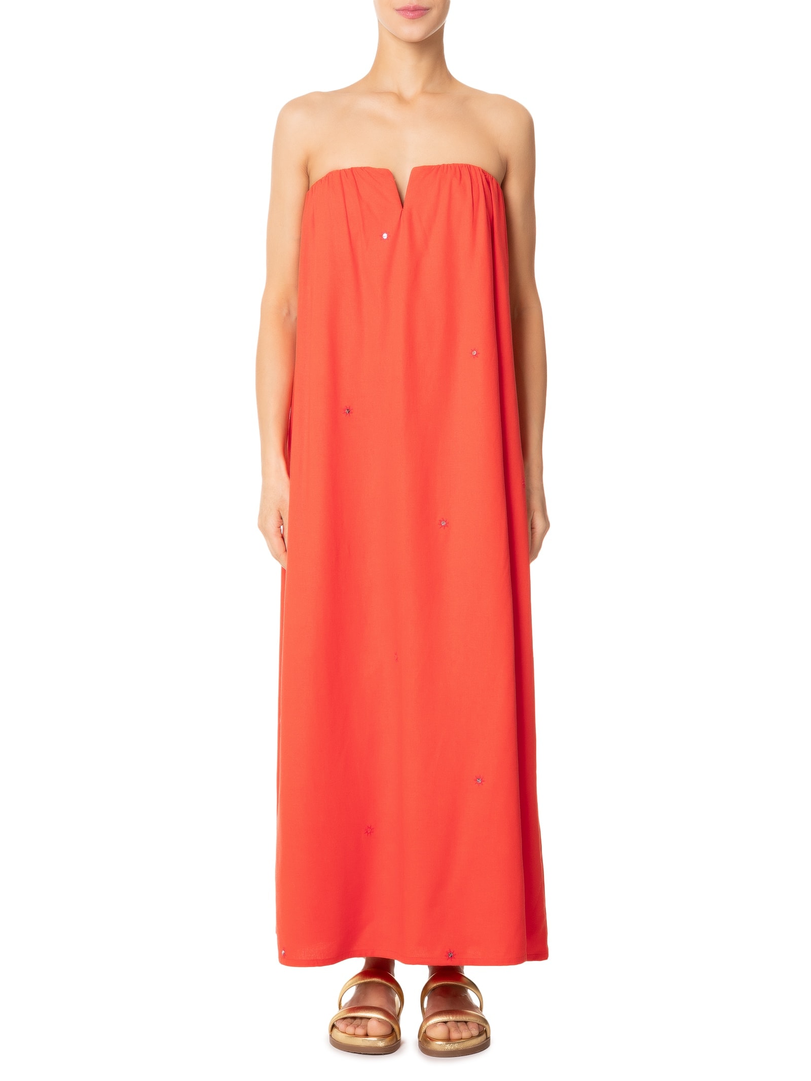 Vestido Longo Linho Bordado Paetê Vermelho Dress To