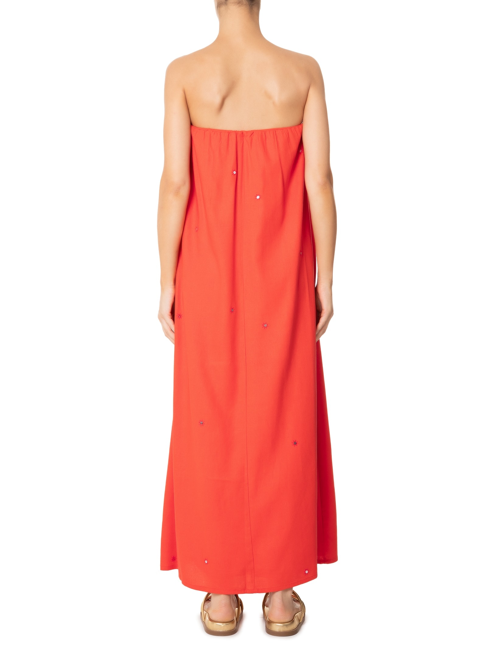 Vestido Longo Linho Bordado Paetê Vermelho Dress To