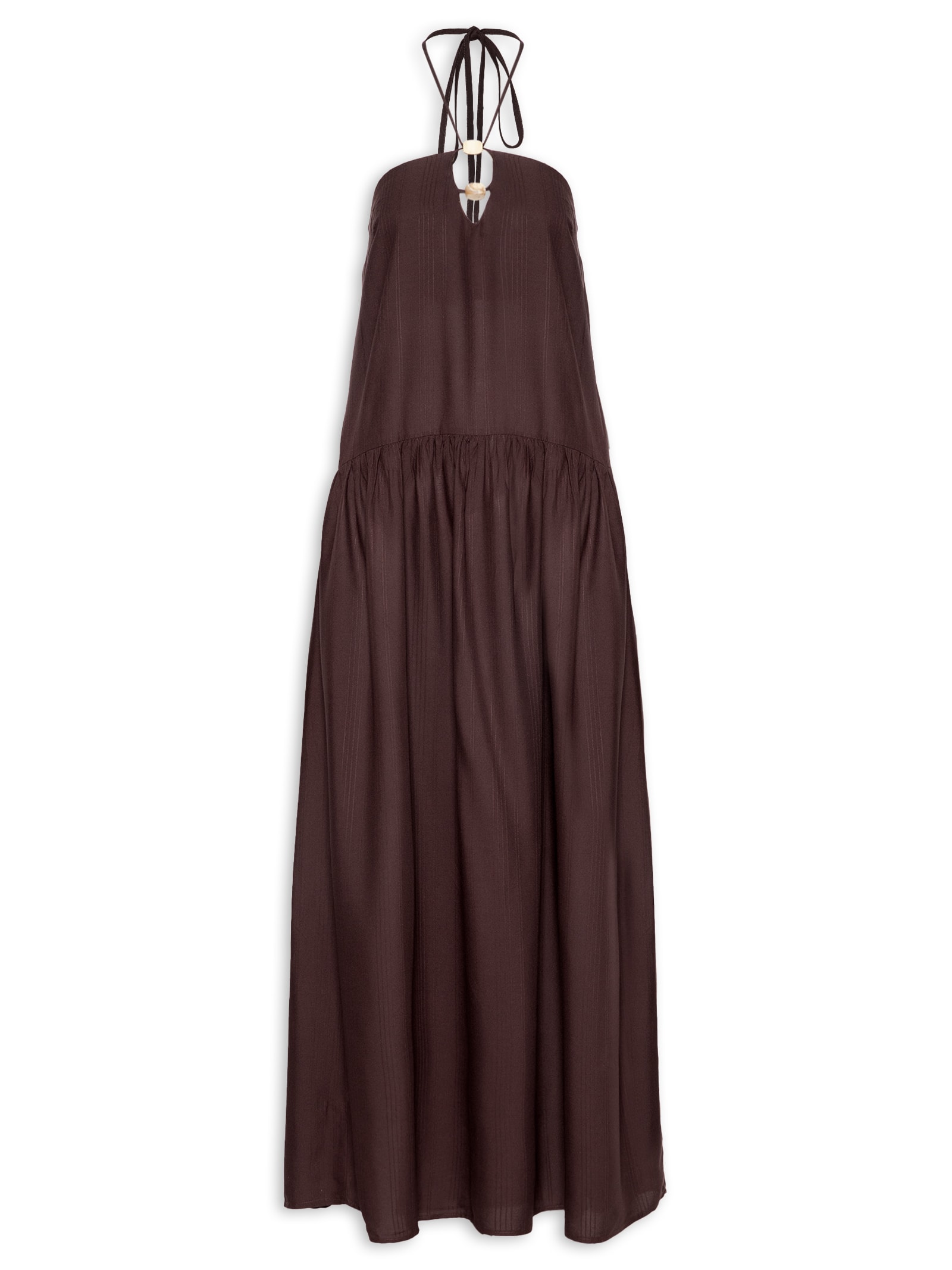 Vestido Longo Liso Amarração Rolotê Marrom Cacay
