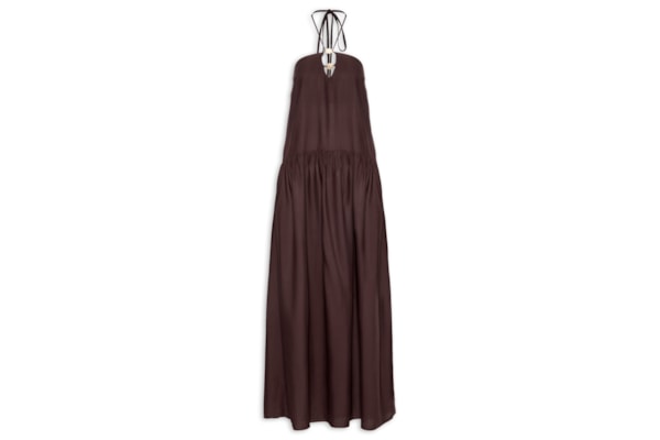 Vestido Longo Liso Amarração Rolotê - Marrom