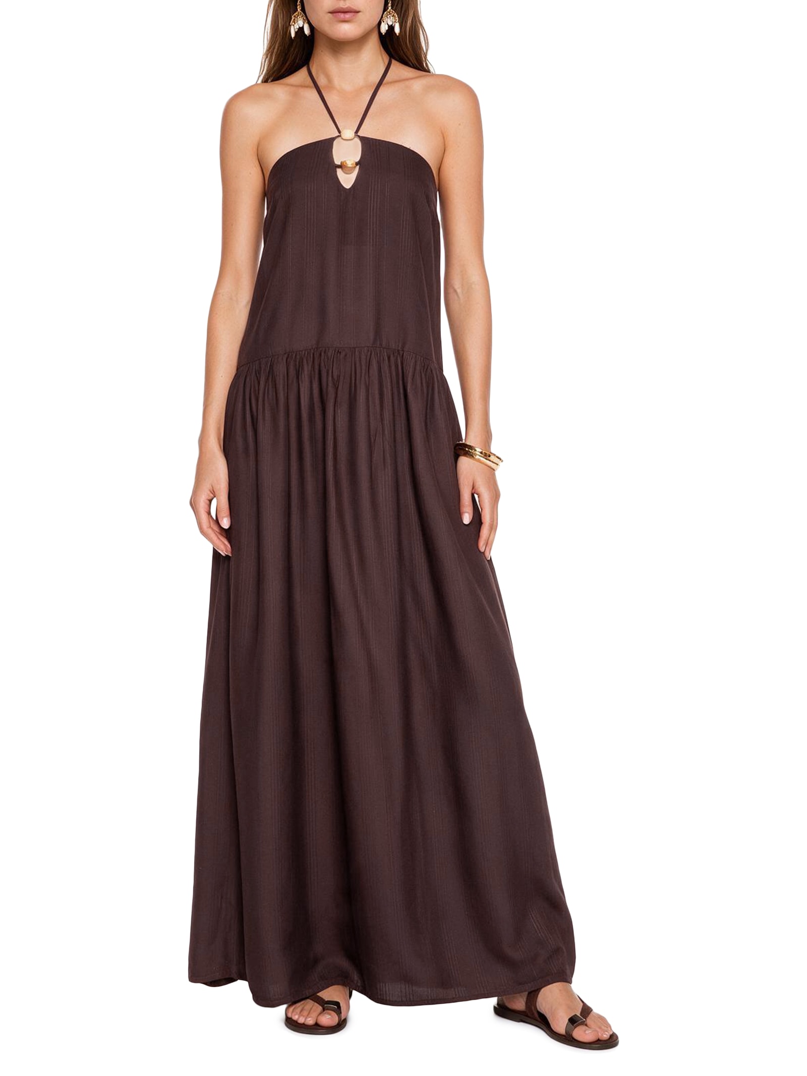 Vestido Longo Liso Amarração Rolotê Marrom Cacay