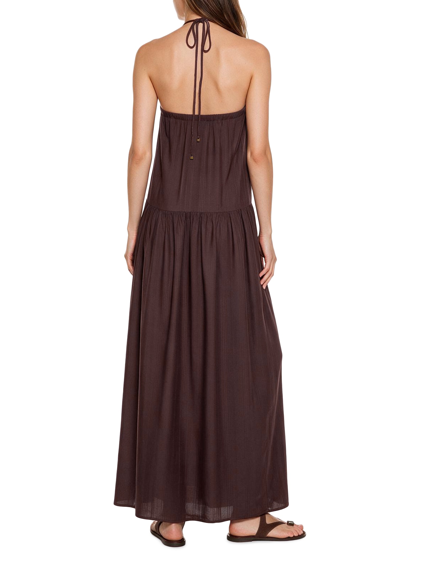 Vestido Longo Liso Amarração Rolotê Marrom Cacay