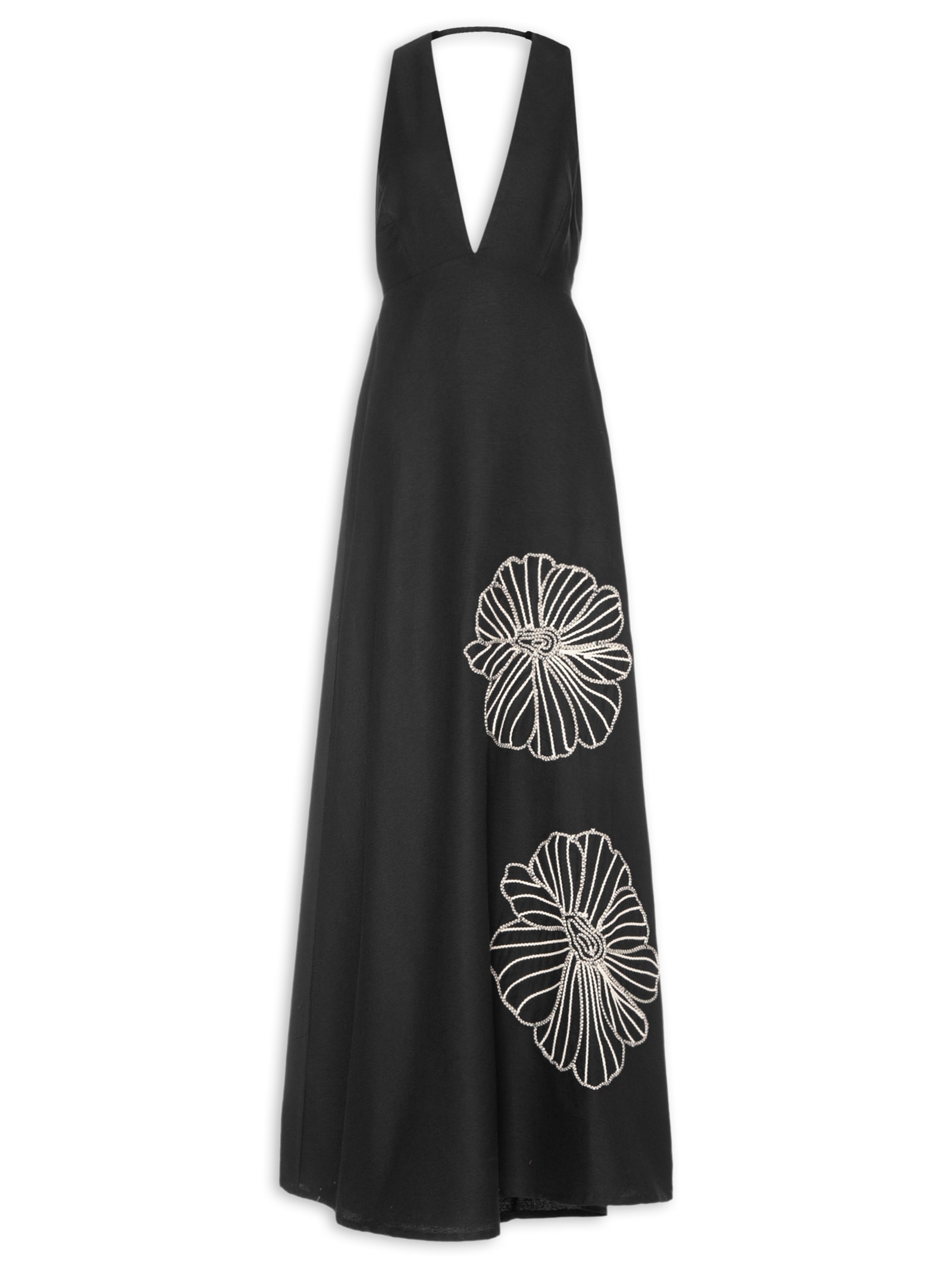 Vestido Longo Liso Bordado Preto Cacay