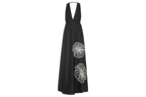 Vestido Longo Liso Bordado - Preto