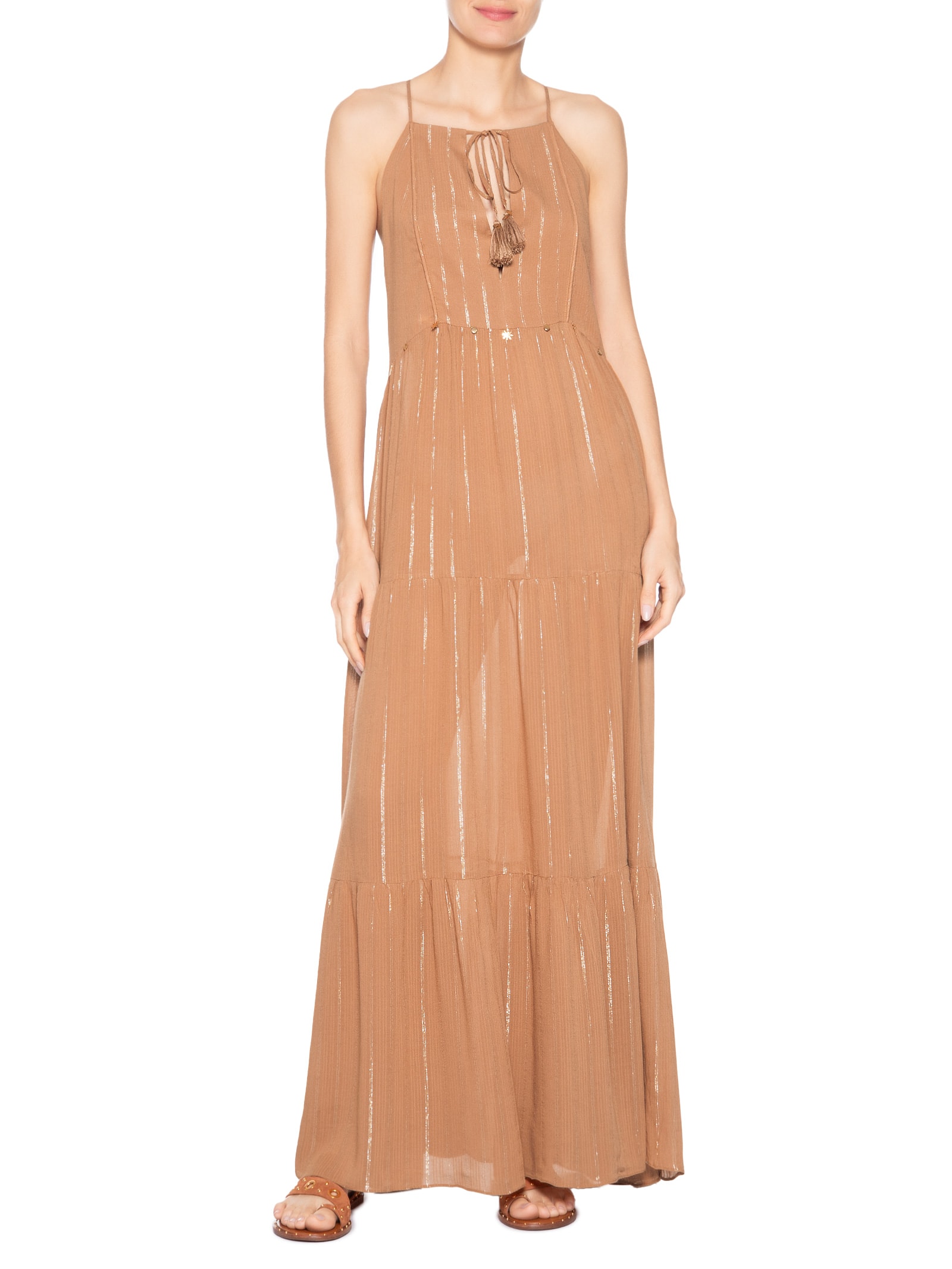 Vestido Longo Lurex Bordado Moedinha Marrom Dress To