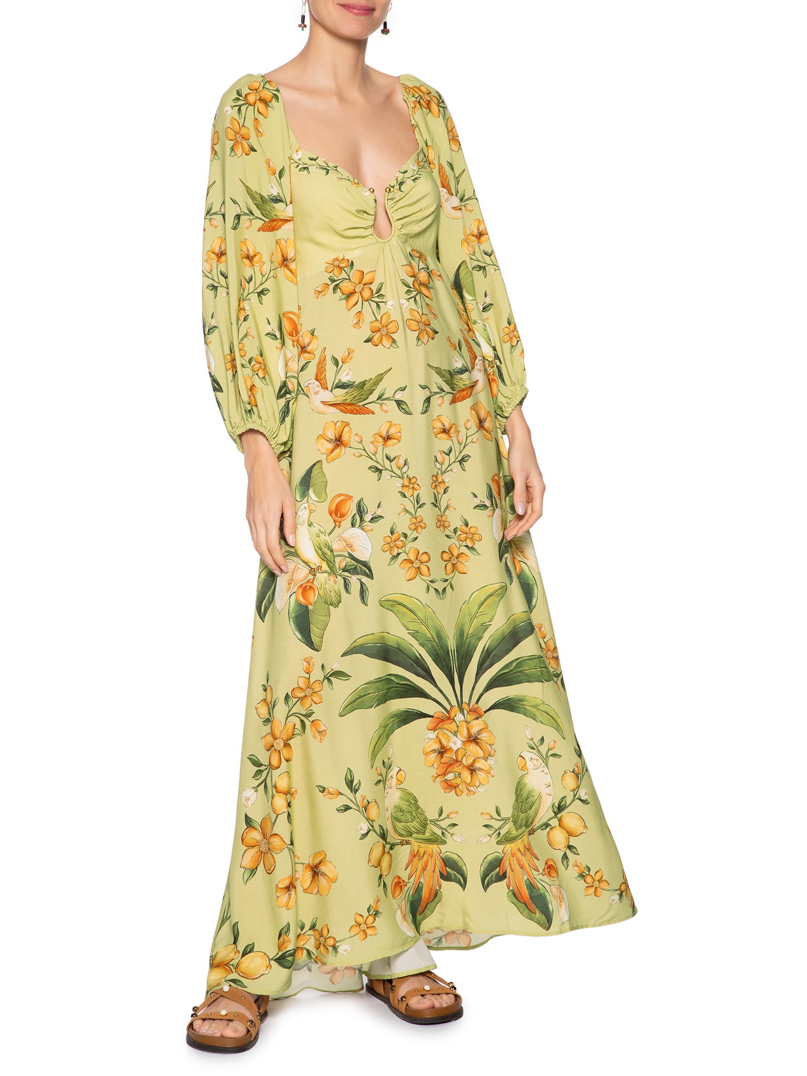 Vestido Longo Manga Bosque Chic Verde Farm