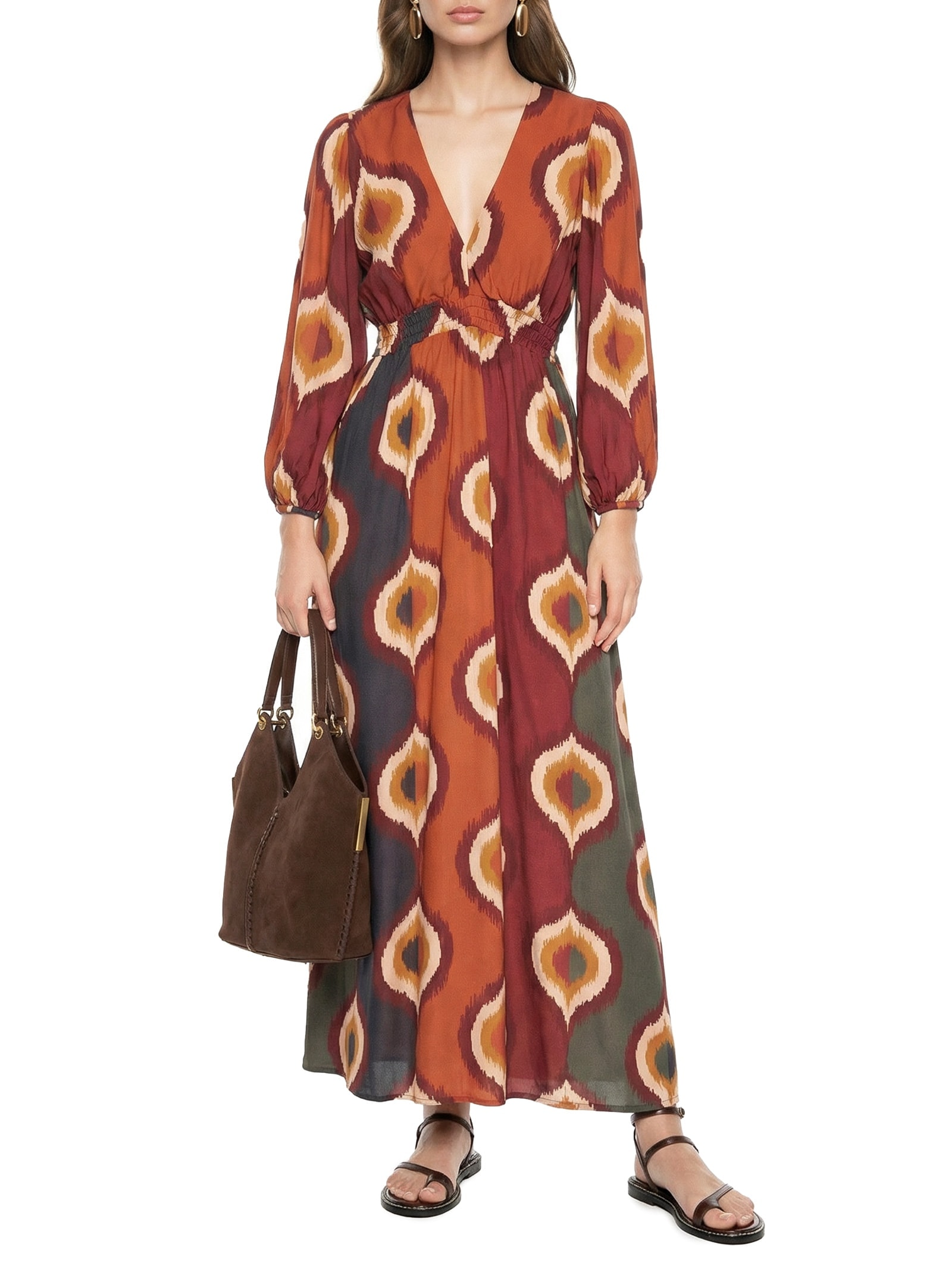 Vestido Longo Manga Bufante Marrom Cacay