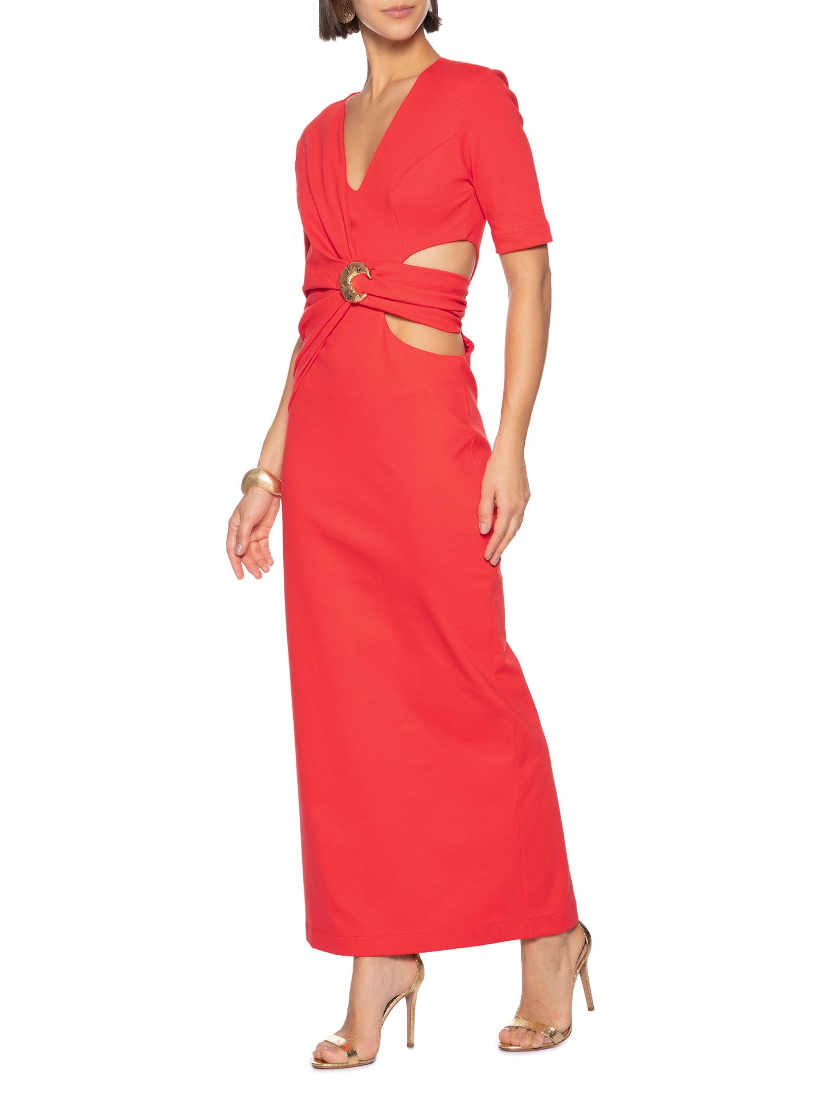 Vestido Longo Manga Curta Vermelho Lança Perfume