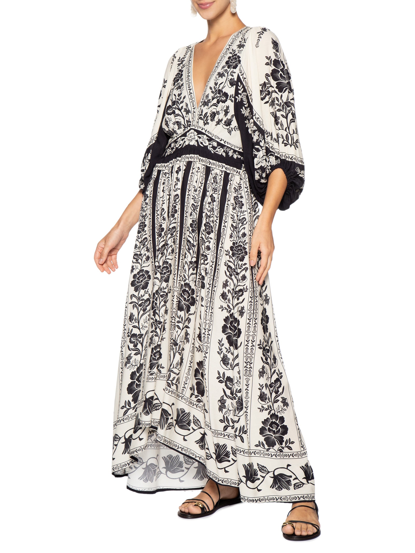 Vestido Longo Manga Floral Delicado Preto Farm