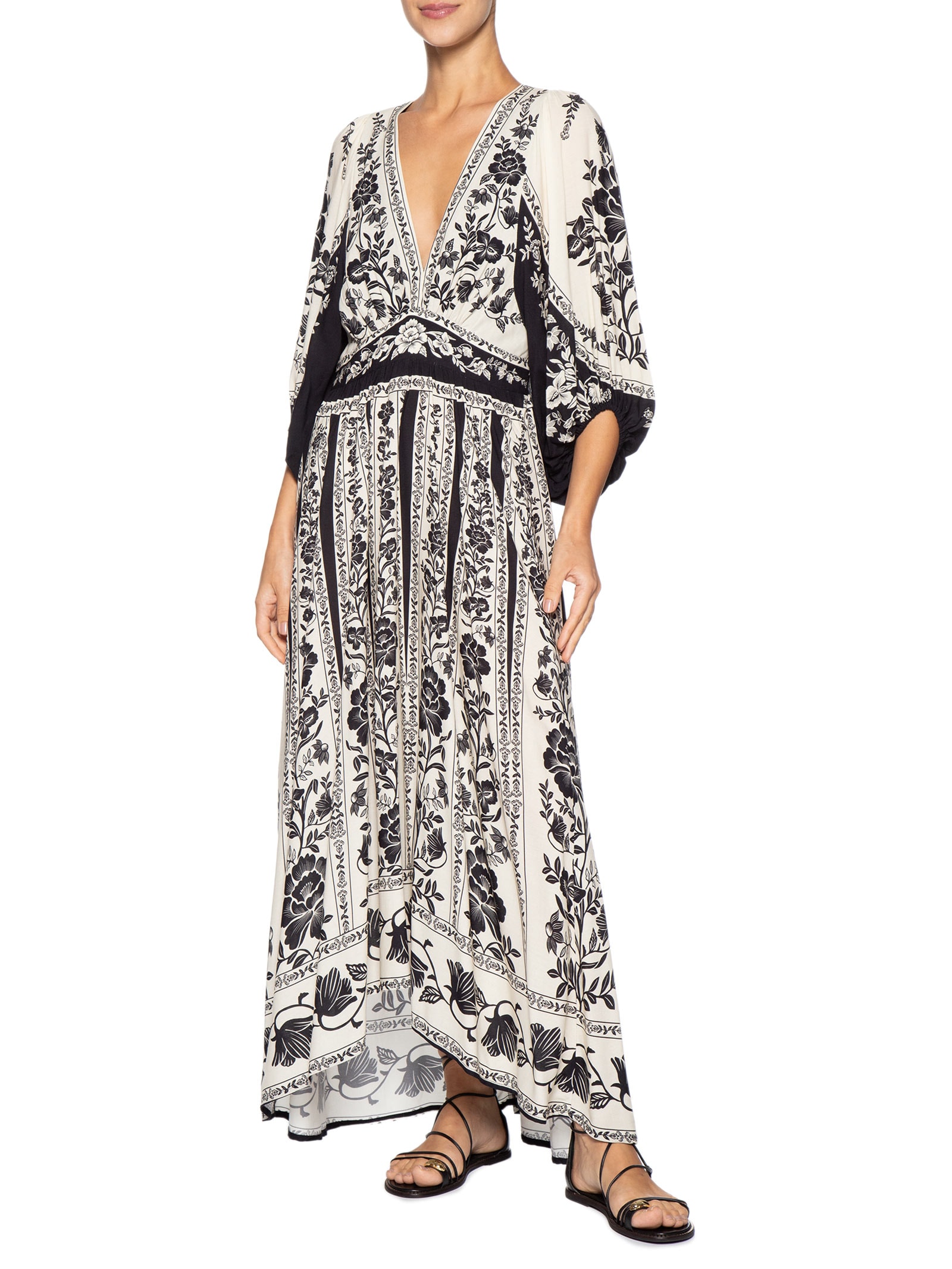 Vestido Longo Manga Floral Delicado Preto Farm