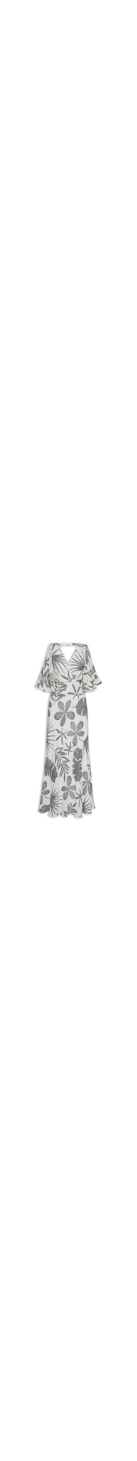 Vestido Longo Manga Godê Estampa Tropical Leaves - Branco