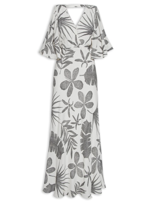 Vestido Longo Manga Godê Estampa Tropical Leaves – Branco