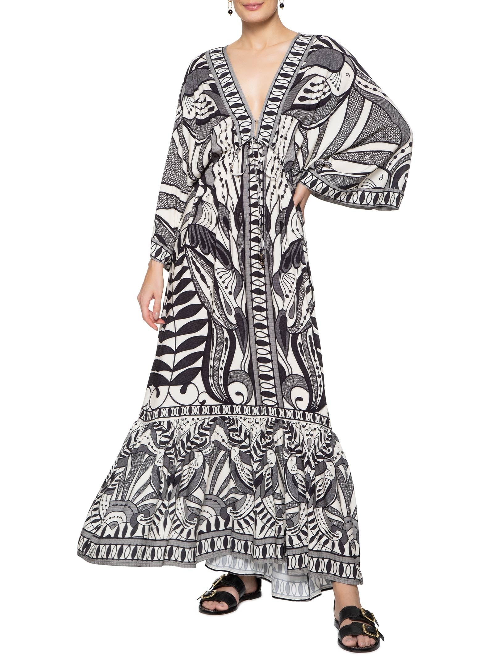 Vestido Longo Manga Rendeira Preto  Farm