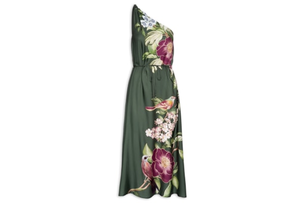 Vestido Longo Ombro Só Flor De Pássaro - Verde