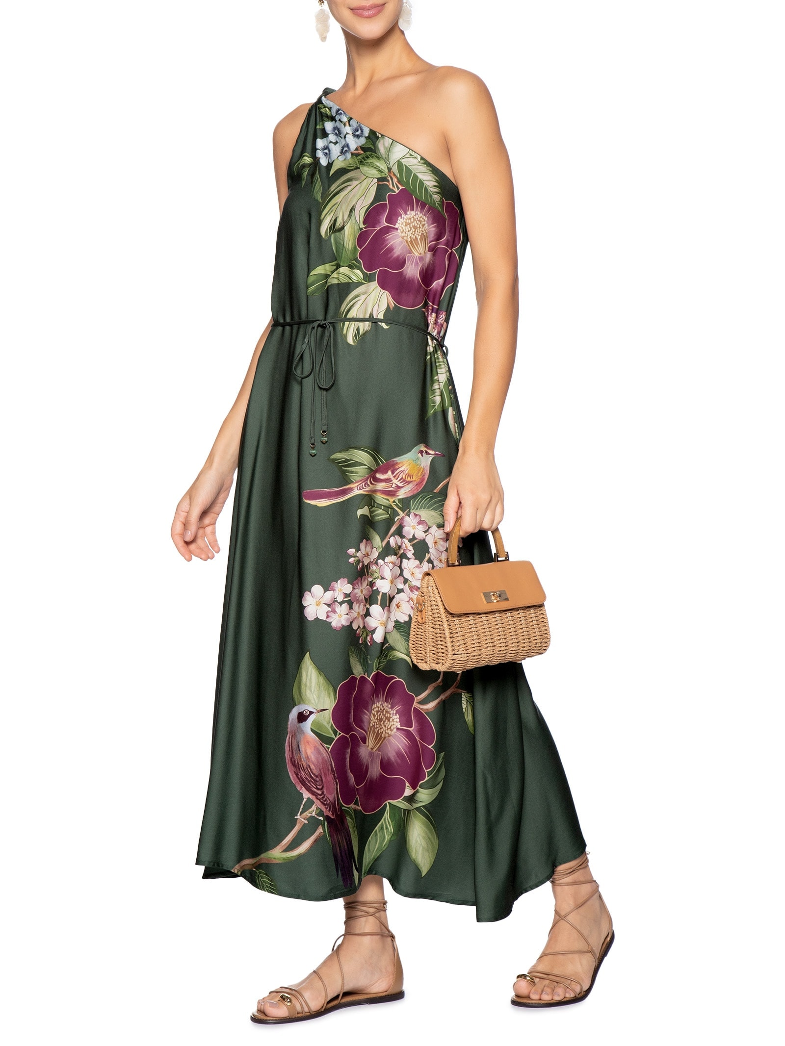 Vestido Longo Ombro Só Flor De Pássaro Verde Farm