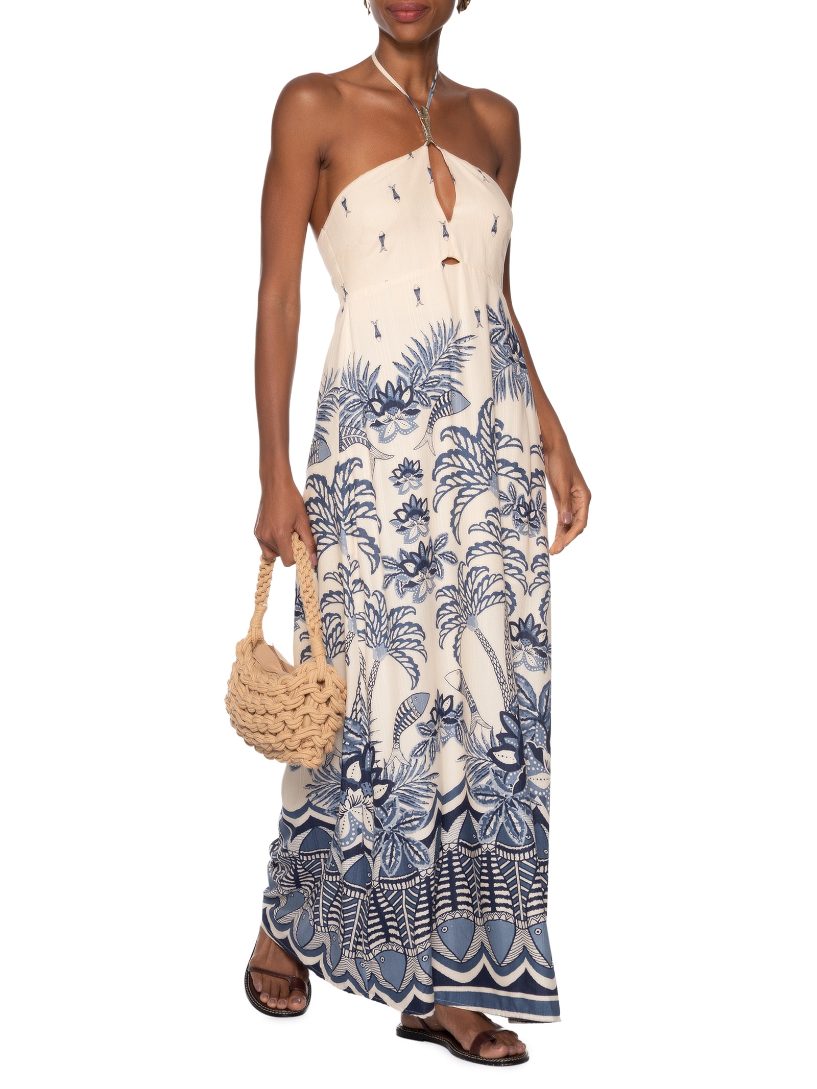 Vestido Longo Passador Peixe Estampado Azul Cacay