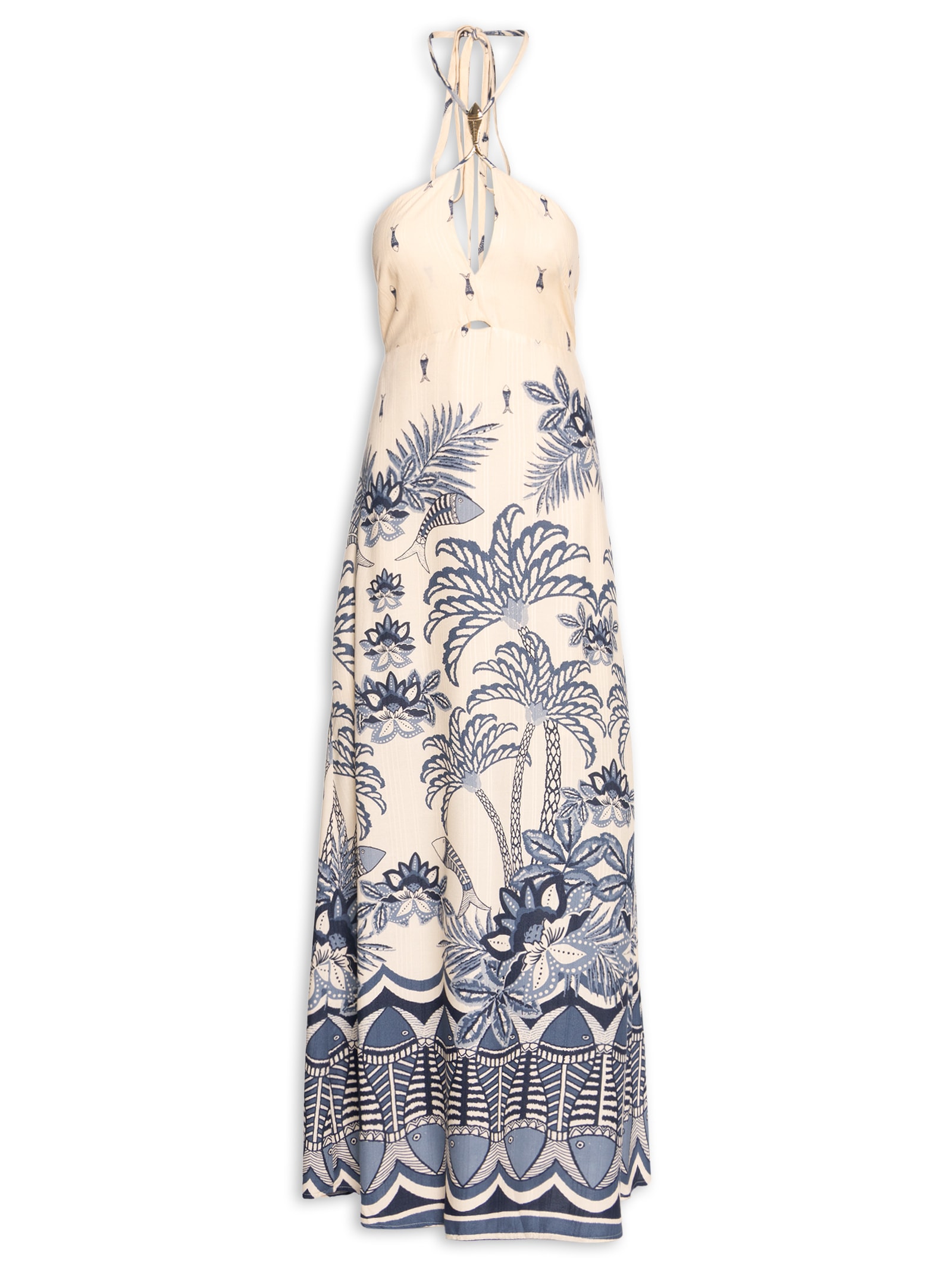 Vestido Longo Passador Peixe Estampado Azul Cacay