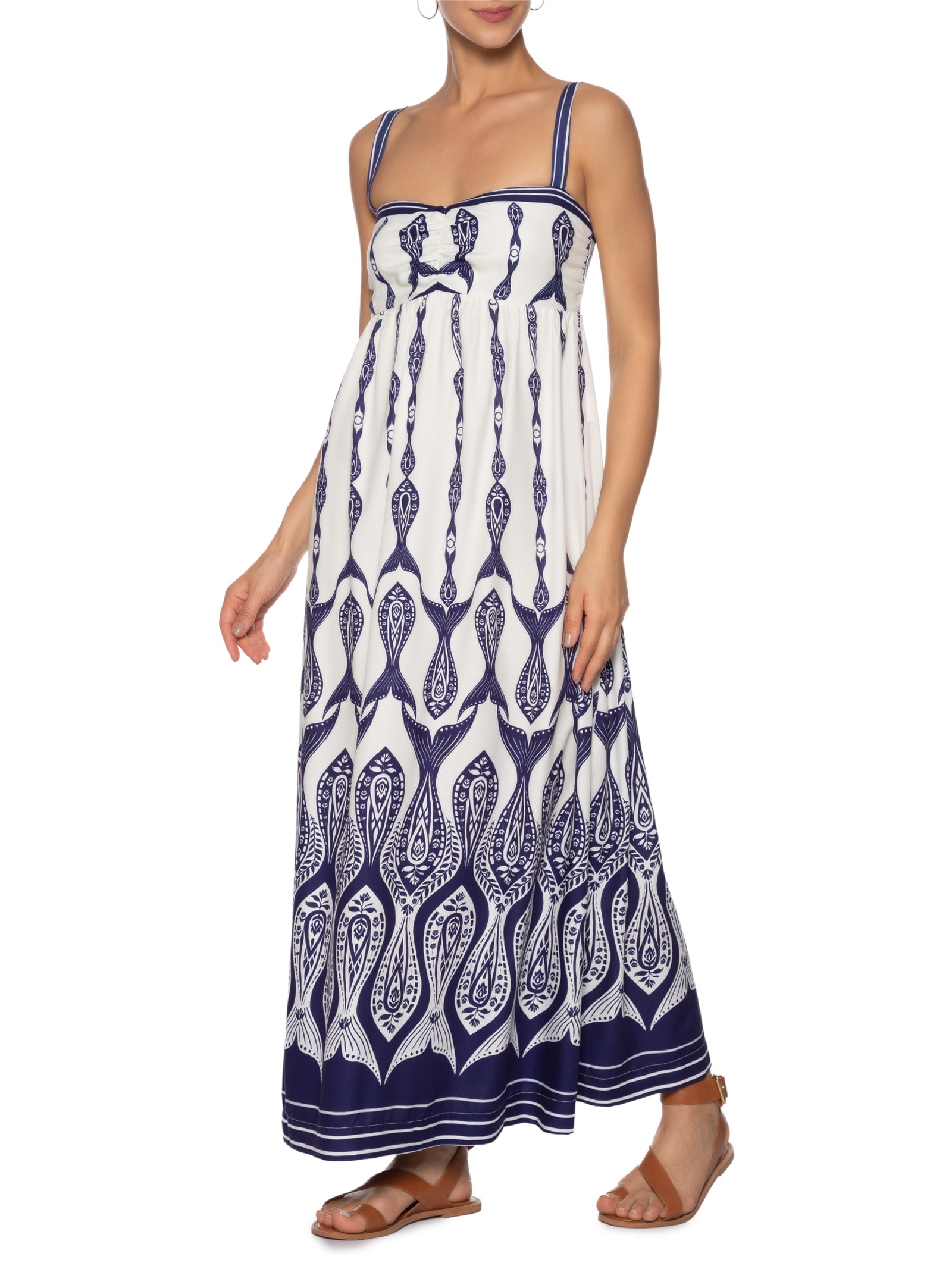 Vestido Longo Peixe Correnteza Branco Farm