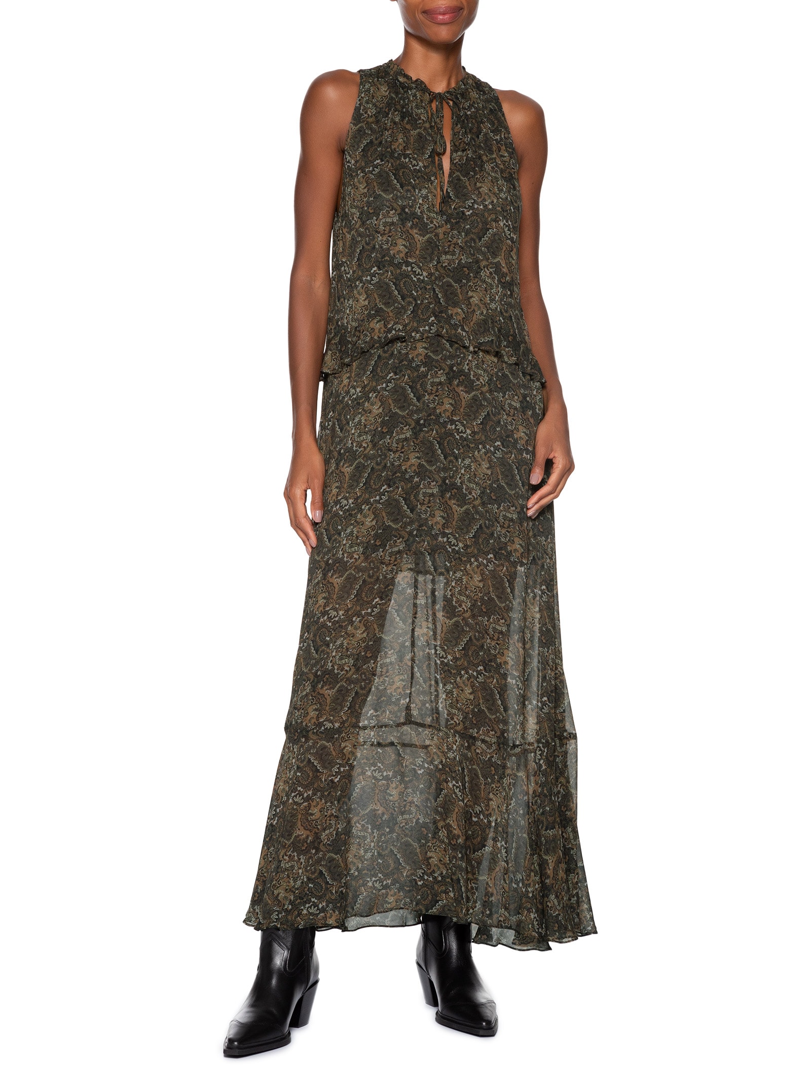 Vestido Longo Recorte Babado Paisley Verde Animale