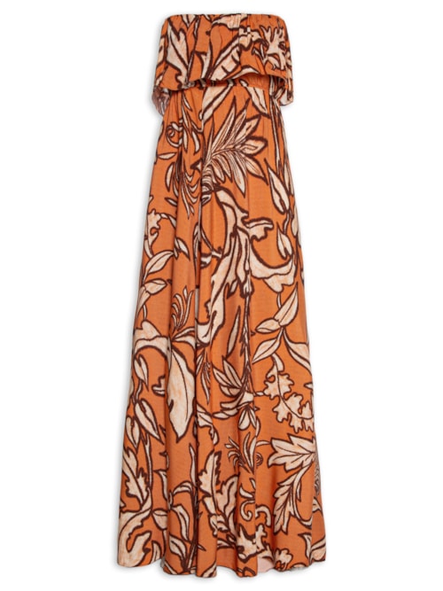 Vestido Longo Sem Alça Estampa Folhagem Abstrata - Laranja