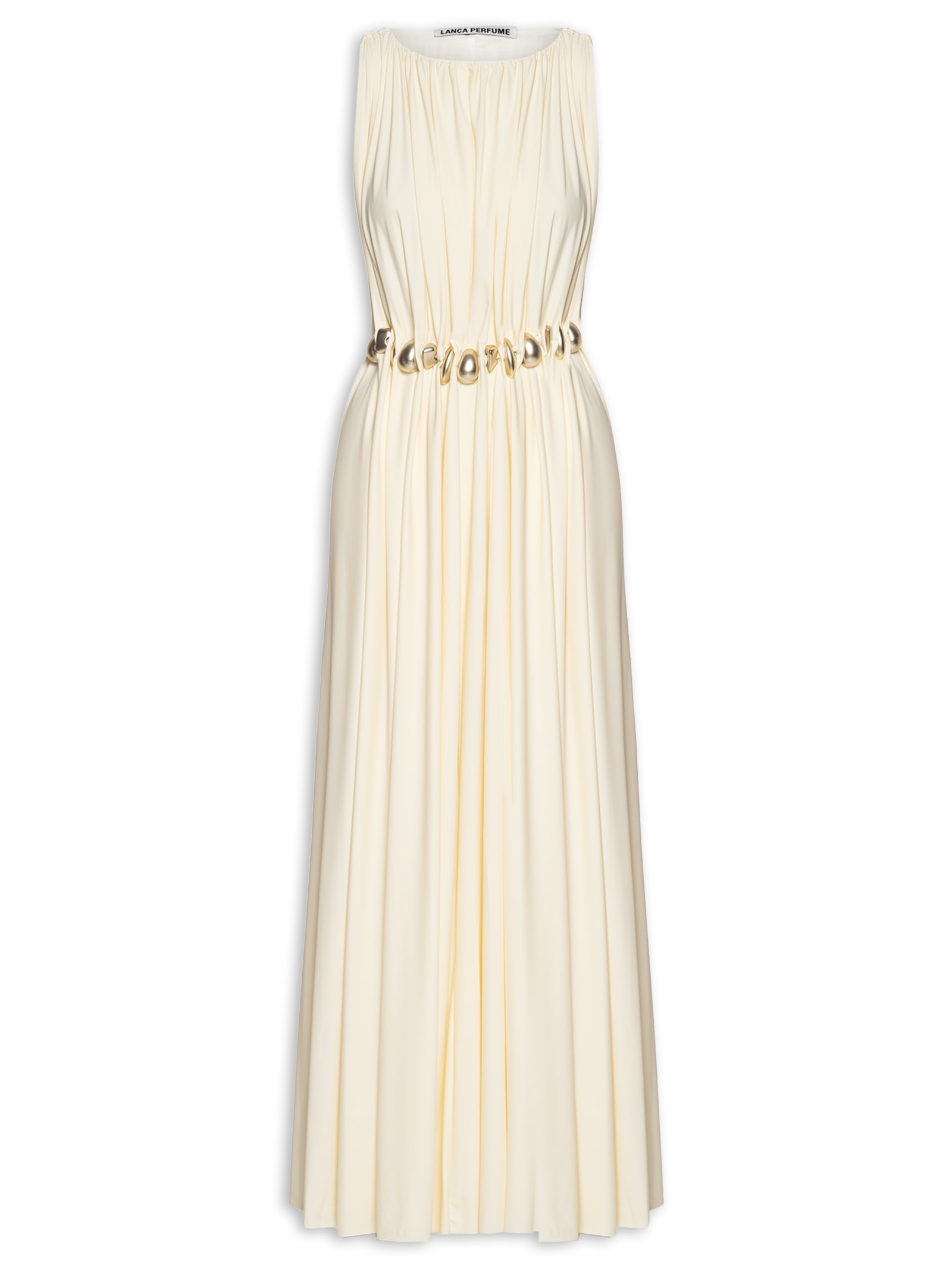 Vestido Longo Sem Manga Bege Lança Perfume