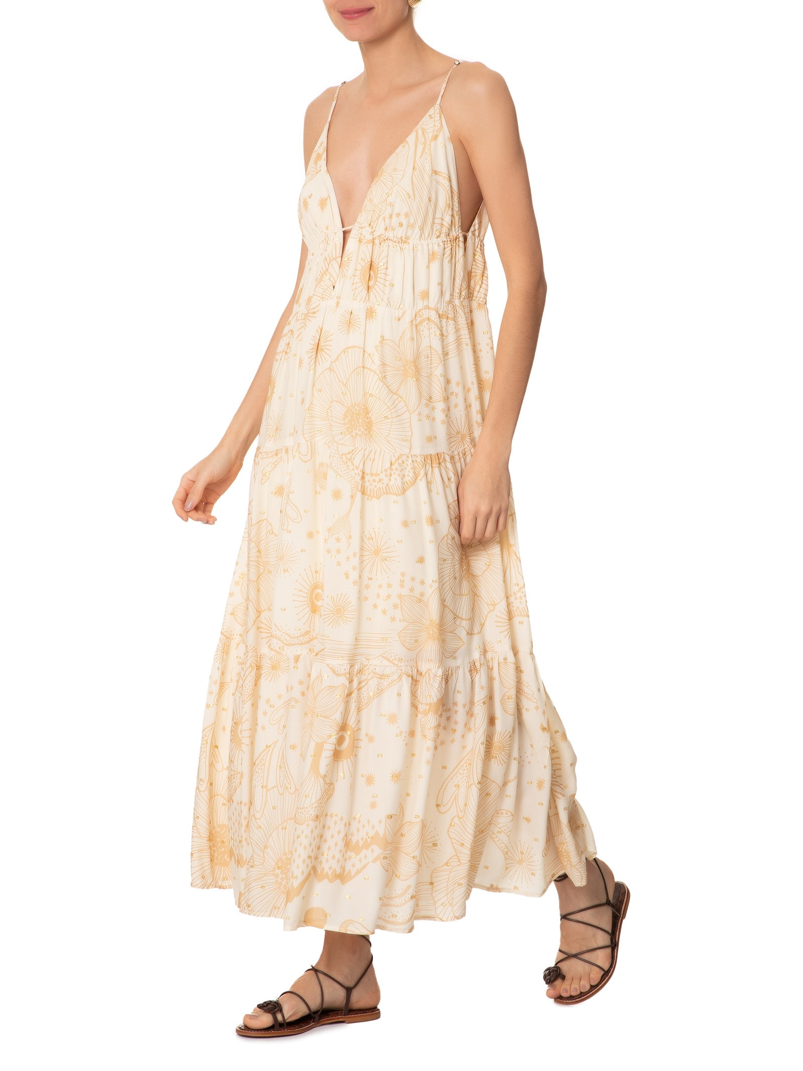 Vestido Longo Sem Manga Jardim Místico Bege Farm