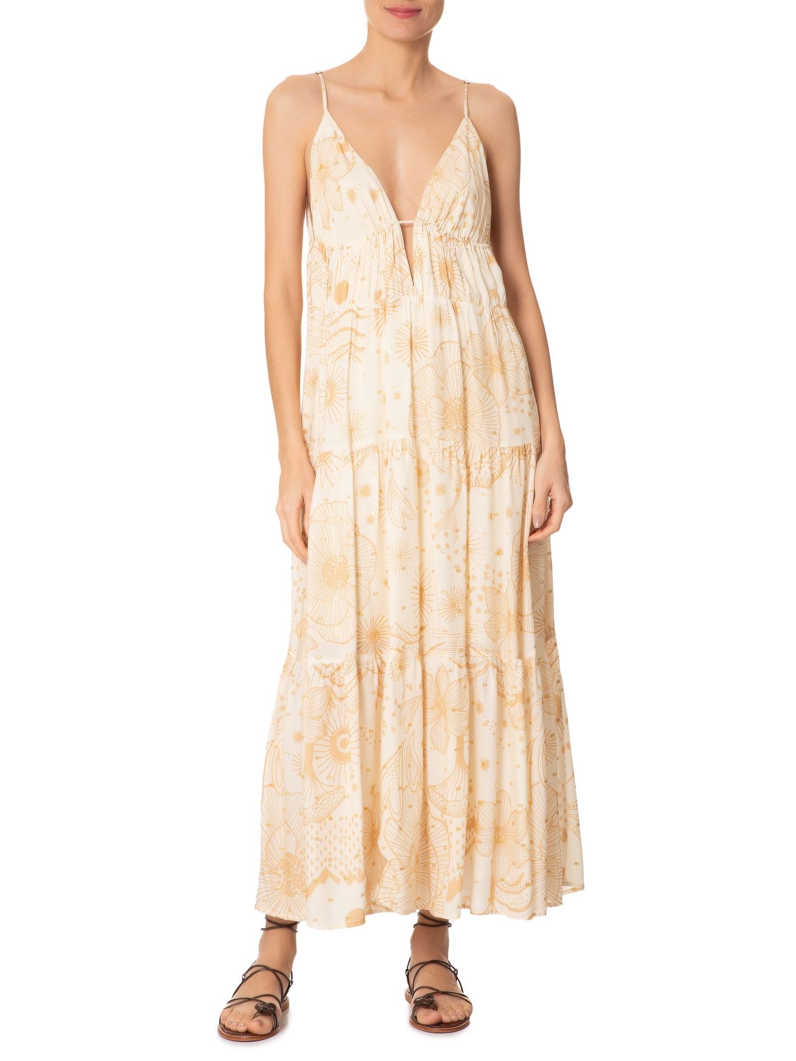 Vestido Longo Sem Manga Jardim Místico Bege Farm