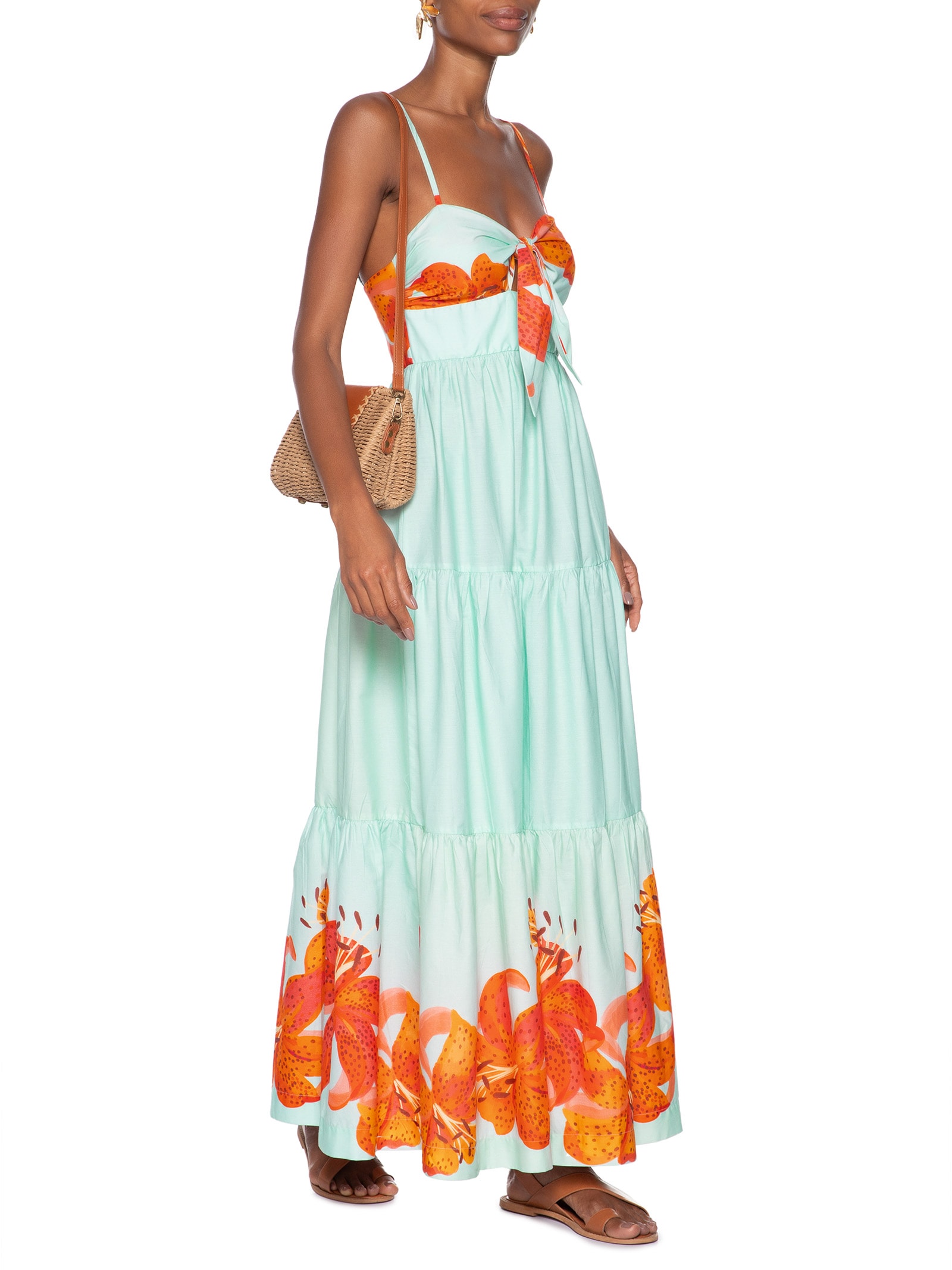 Vestido Longo Tricoline Estampa Lírios Azul Dress To