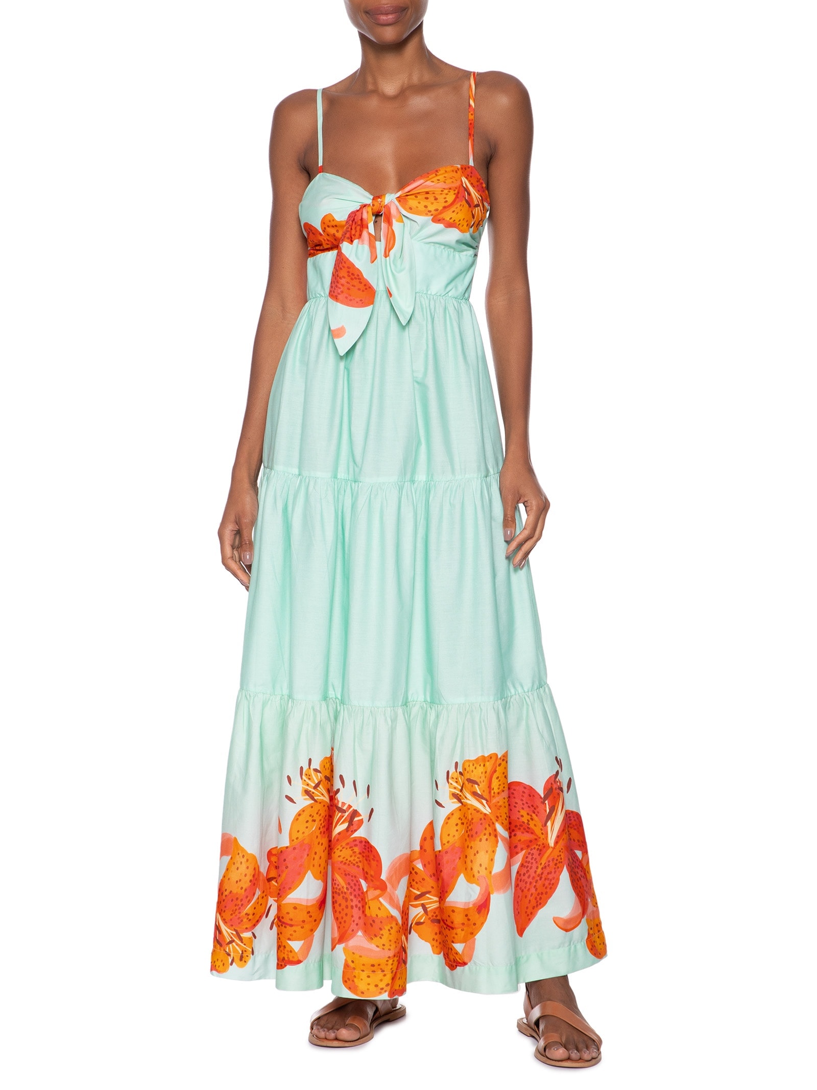 Vestido Longo Tricoline Estampa Lírios Azul Dress To