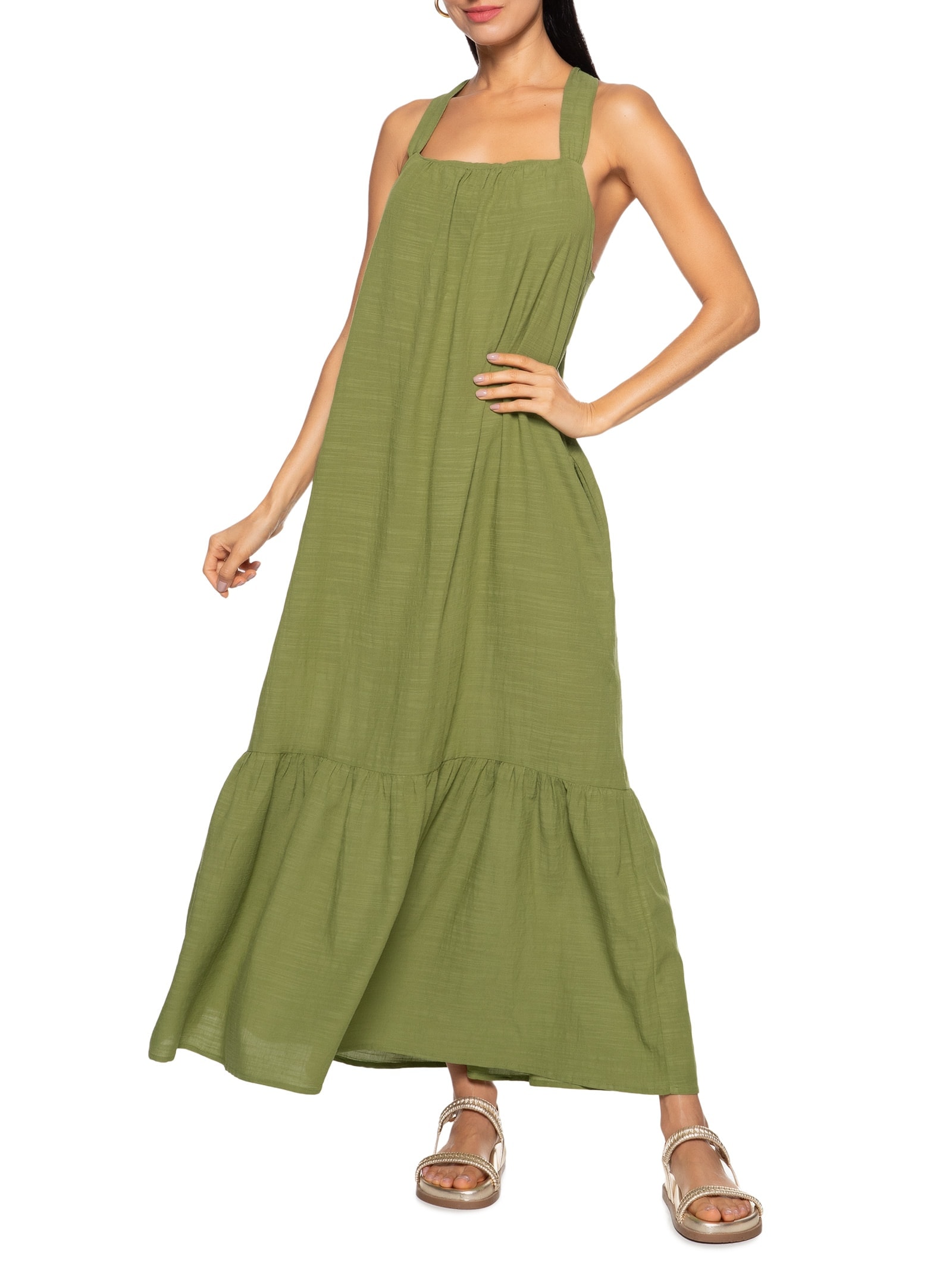 Vestido Longo Viscose Textura Verde Cantão