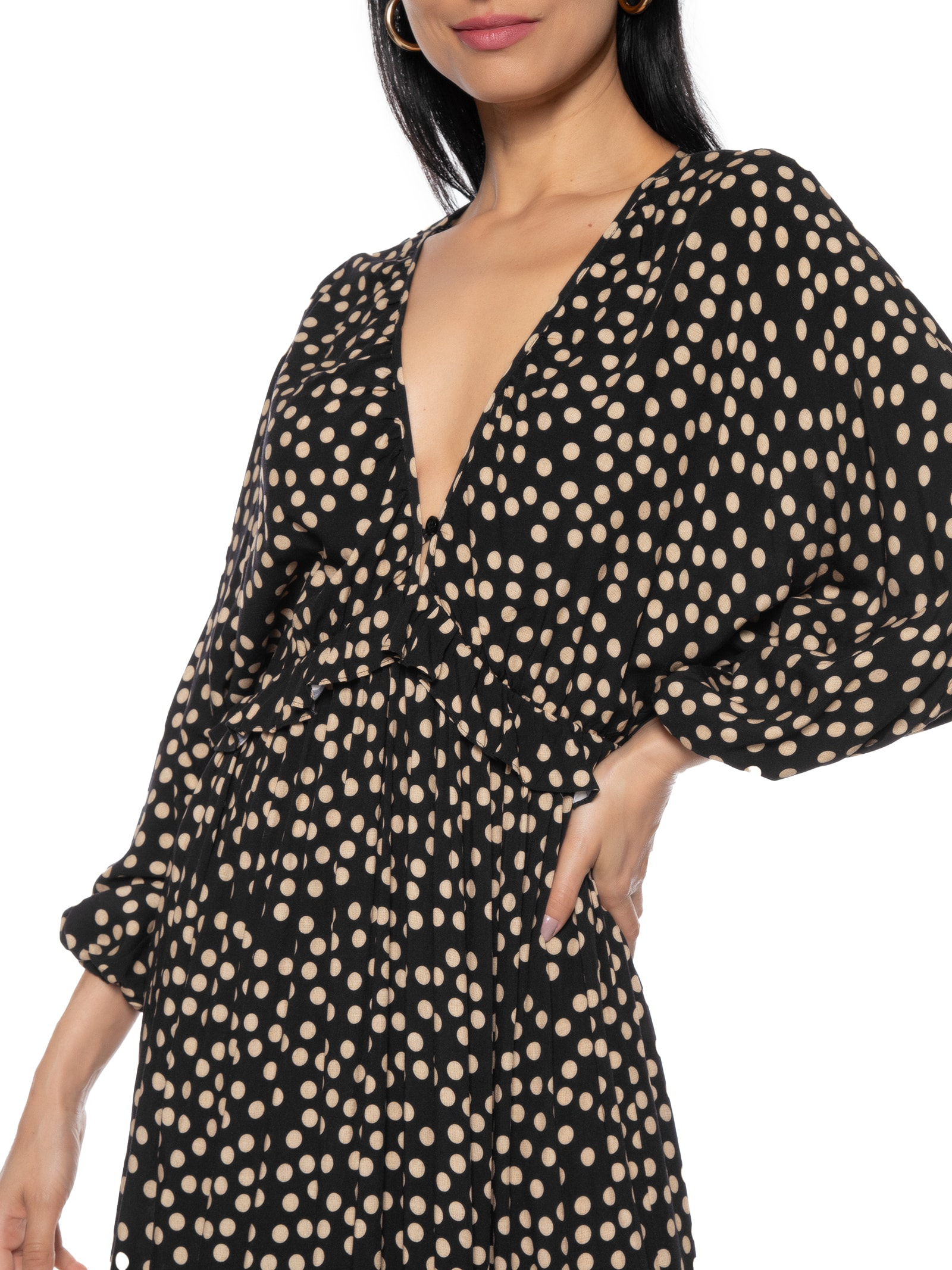 Vestido Longuete Manga Morcego Estampa Poá- Preto Mob