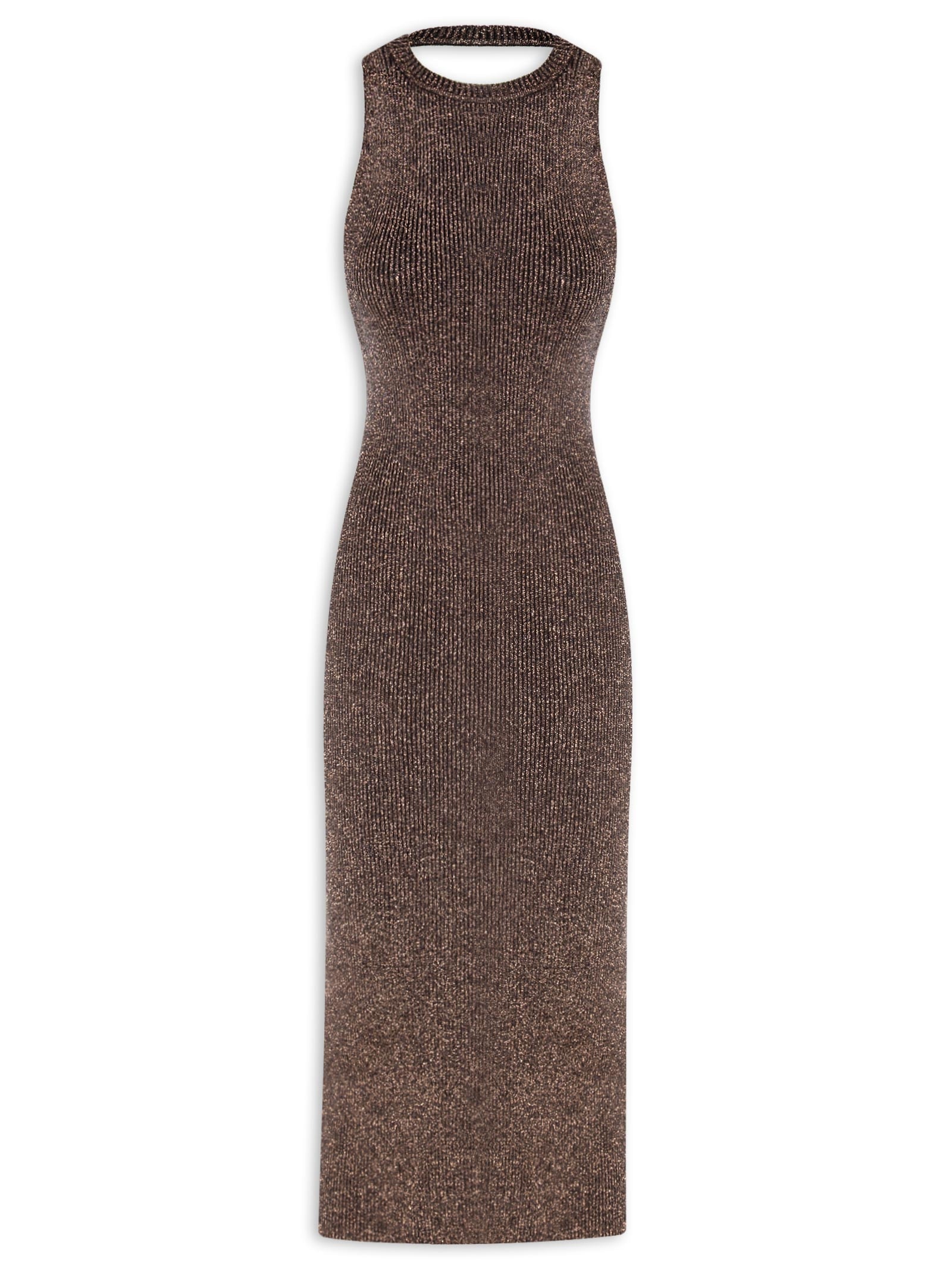 Vestido Lurex Decote Costas Tricot Marrom Animale