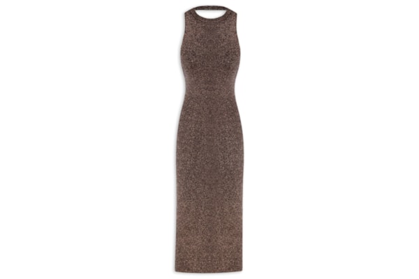 Vestido Lurex Decote Costas Tricot - Marrom