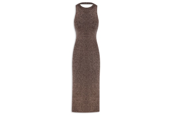Vestido Lurex Decote Costas Tricot - Marrom