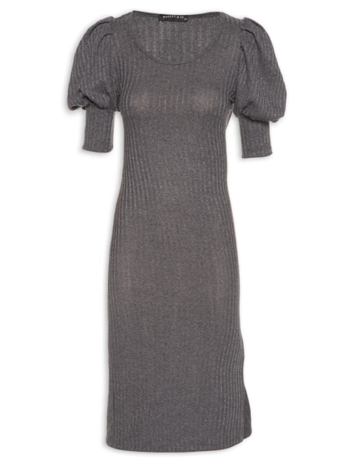 Vestido Malha Canelada Manga Princesa – Cinza