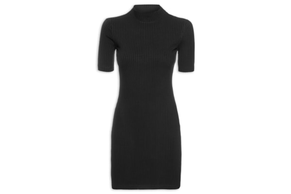 Vestido Malha Curto Manga Curta Gola Ribana Liso - Preto