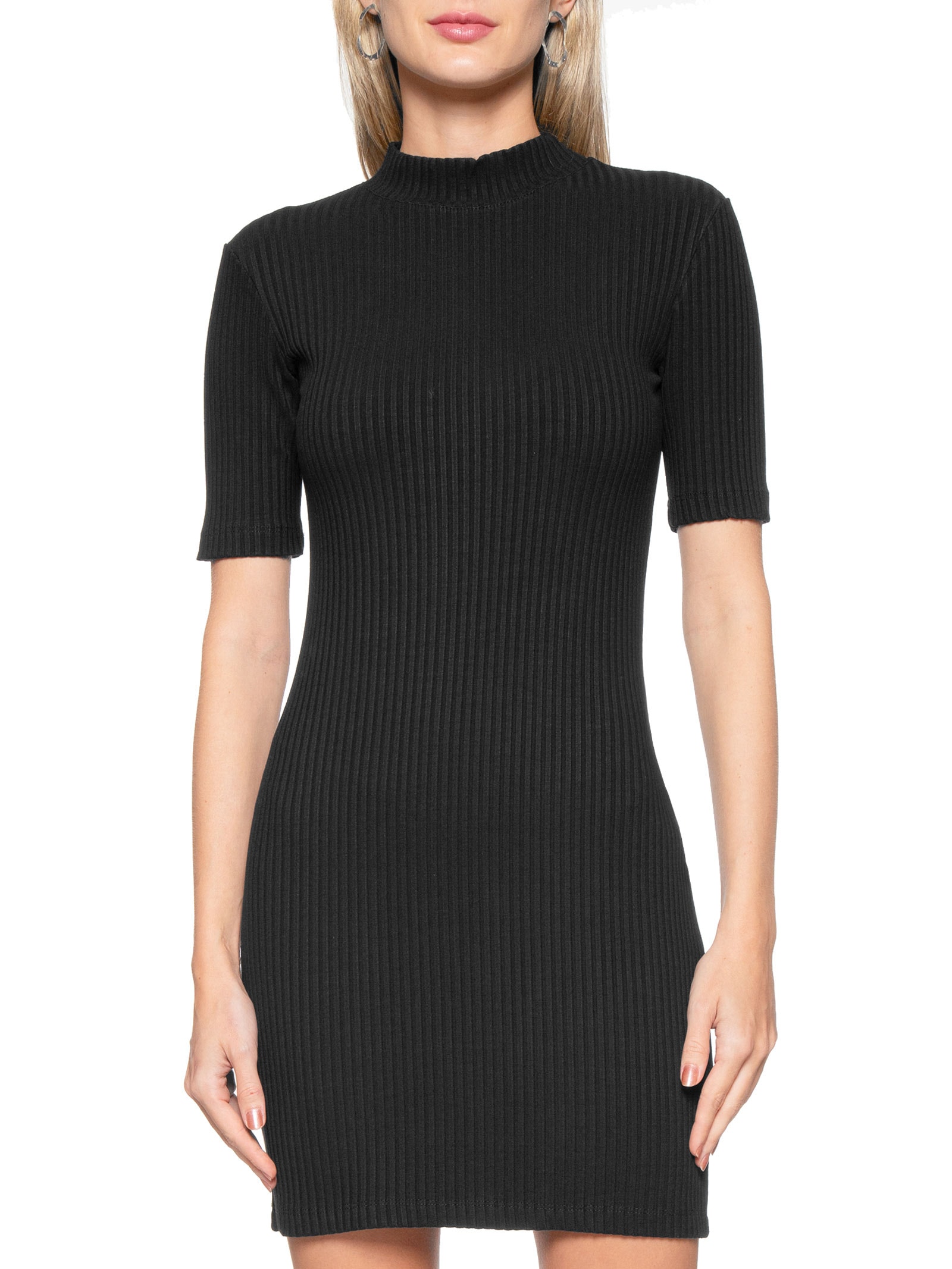 Vestido Malha Curto Manga Curta Gola Ribana Liso Preto Canal
