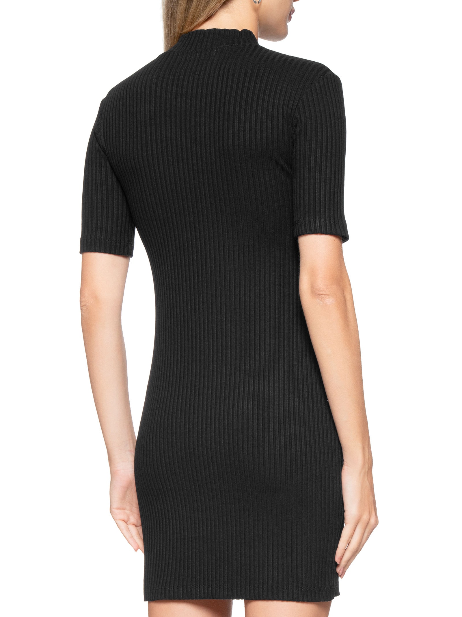 Vestido Malha Curto Manga Curta Gola Ribana Liso Preto Canal