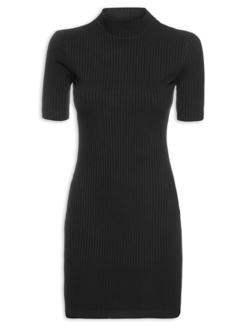 Vestido Malha Curto Manga Curta Gola Ribana Liso – Preto