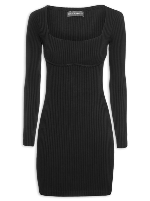 Vestido Malha Curto Manga Longa Ribana Liso – Preto
