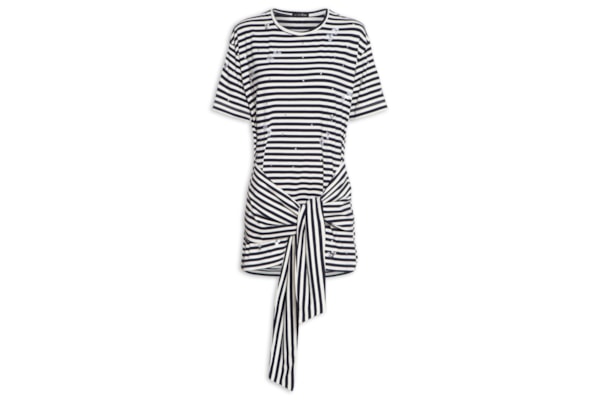 Vestido Malha Listrada Bordados - Azul