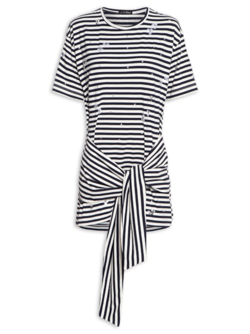 Vestido Malha Listrada Bordados – Azul